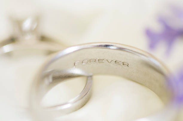 two wedding rings one of which is ingraved with the word "forever".